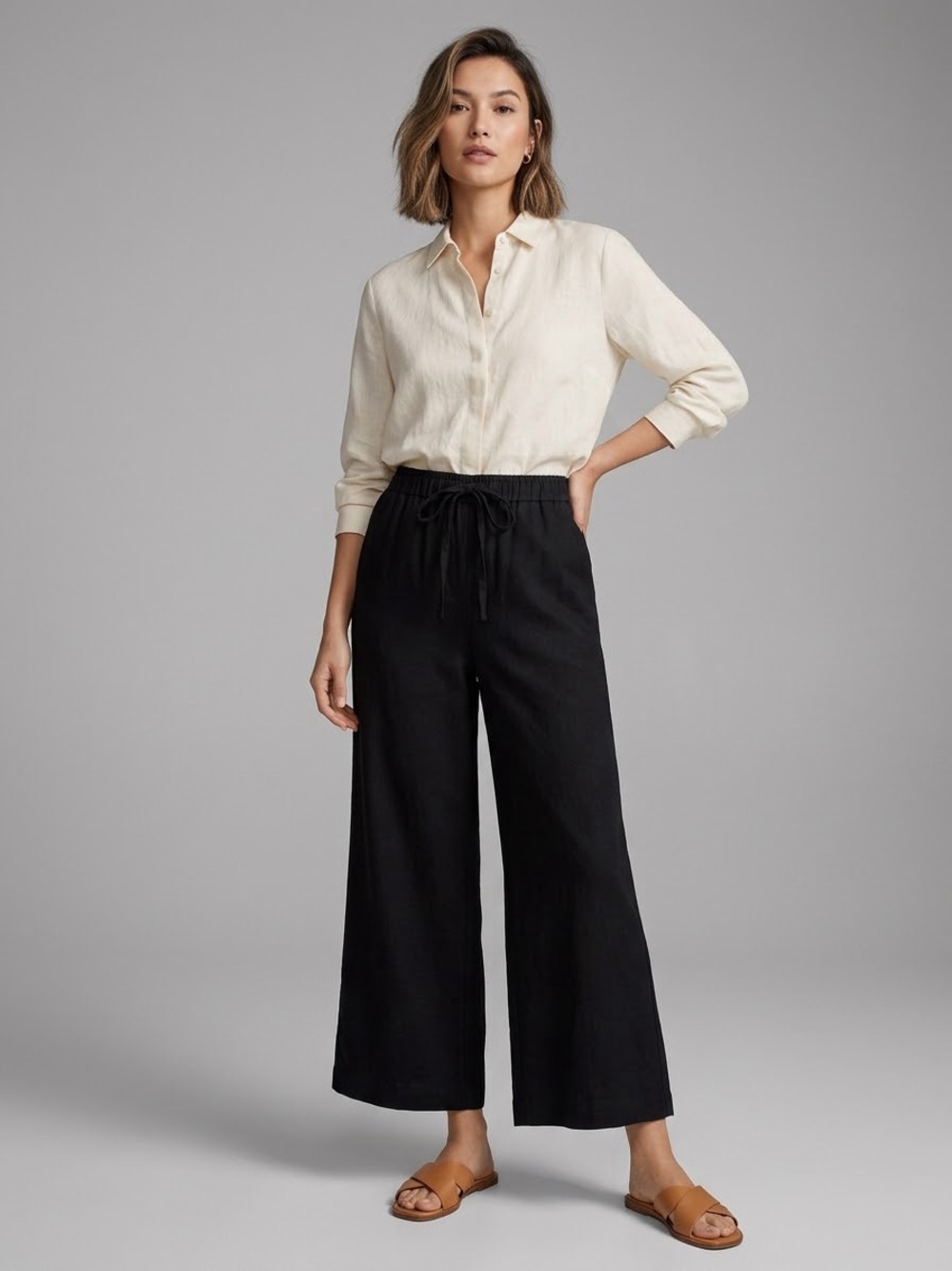 Aritzia Wilfred Pull On Cropped Wide Leg Front Tie Pants High Waist Trousers